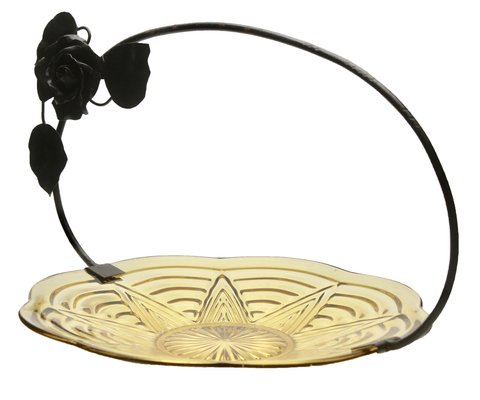 Art Deco Pressed Glass Gateau Dish with Handle or Carrier in Wrought Iron-MJY-1148867