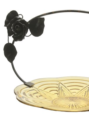 Art Deco Pressed Glass Gateau Dish with Handle or Carrier in Wrought Iron-MJY-1148867