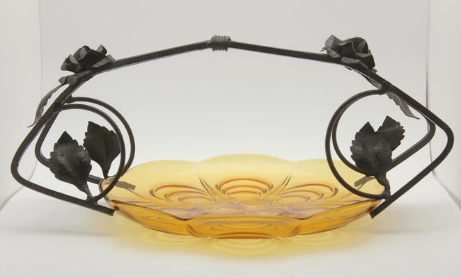 Art Deco Pressed Glass Gateau Dish with Handle or Carrier in Wrought Iron-MJY-1148972