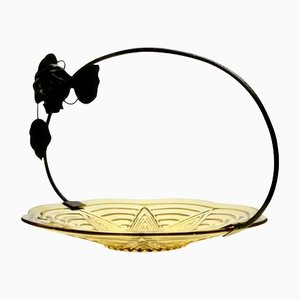 Art Deco Pressed Glass Gateau Dish with Handle or Carrier in Wrought Iron-MJY-1148867