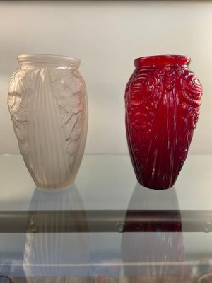 Art Deco Red and Opal White Art Glass Vases, 1940s, Set of 2-XDW-1812154