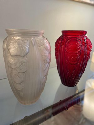 Art Deco Red and Opal White Art Glass Vases, 1940s, Set of 2-XDW-1812154