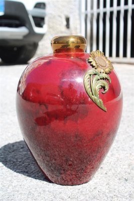 Art Deco Red Ceramic Vase with Gold and Brass, 1930s-EH-1720186