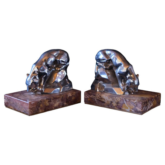 Art Deco Red Marble Polychromed Bookends with Drinking Panthers, France, 1930s, Set of 2