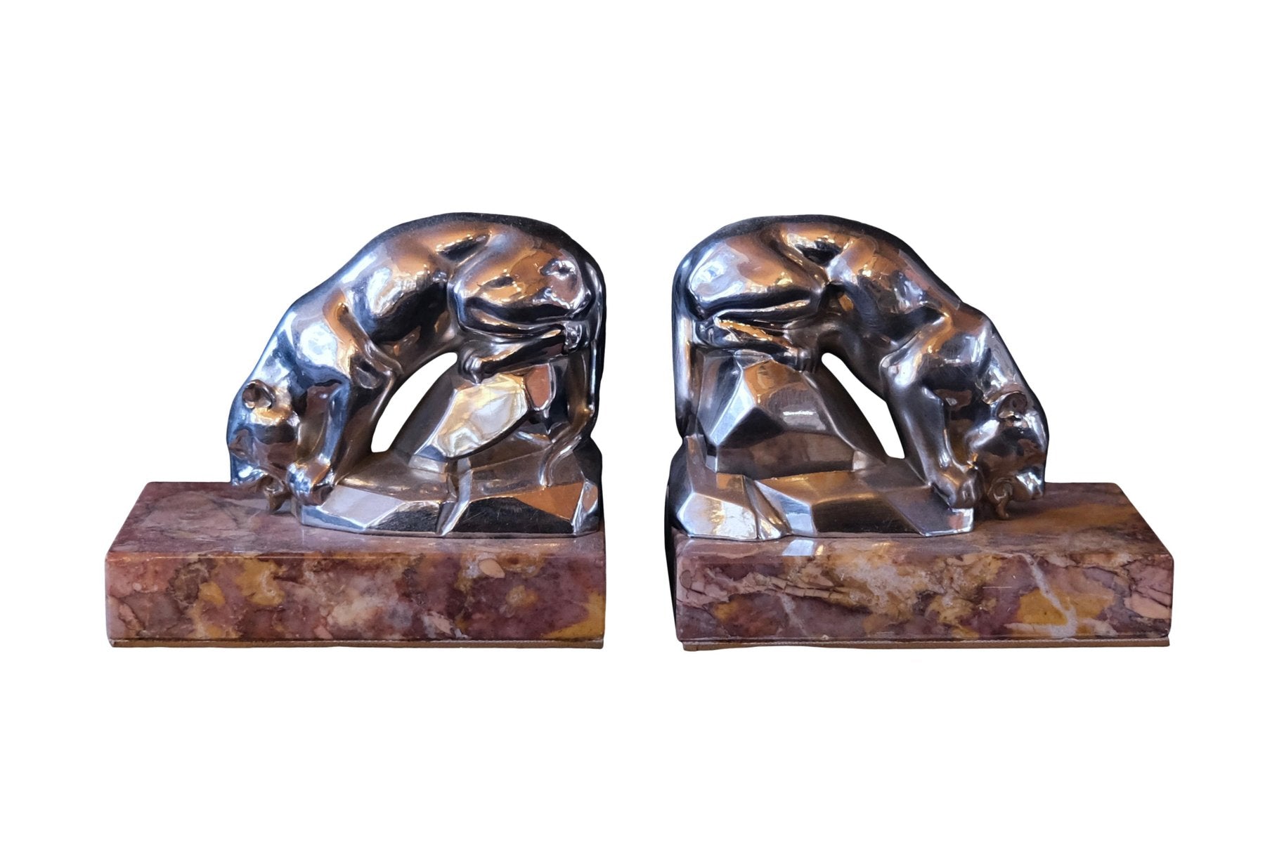 Art Deco Red Marble Polychromed Bookends with Drinking Panthers, France, 1930s, Set of 2