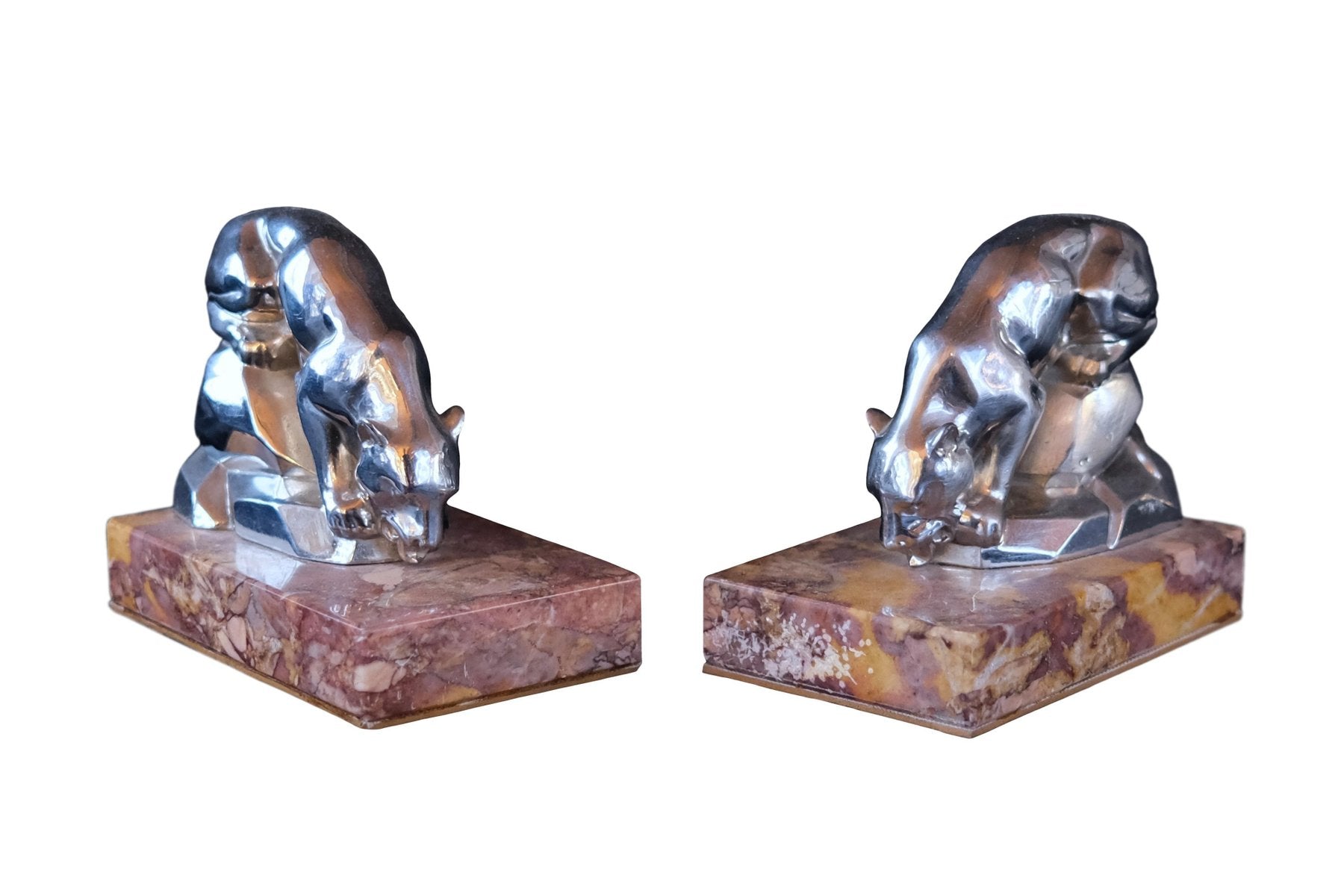 Art Deco Red Marble Polychromed Bookends with Drinking Panthers, France, 1930s, Set of 2