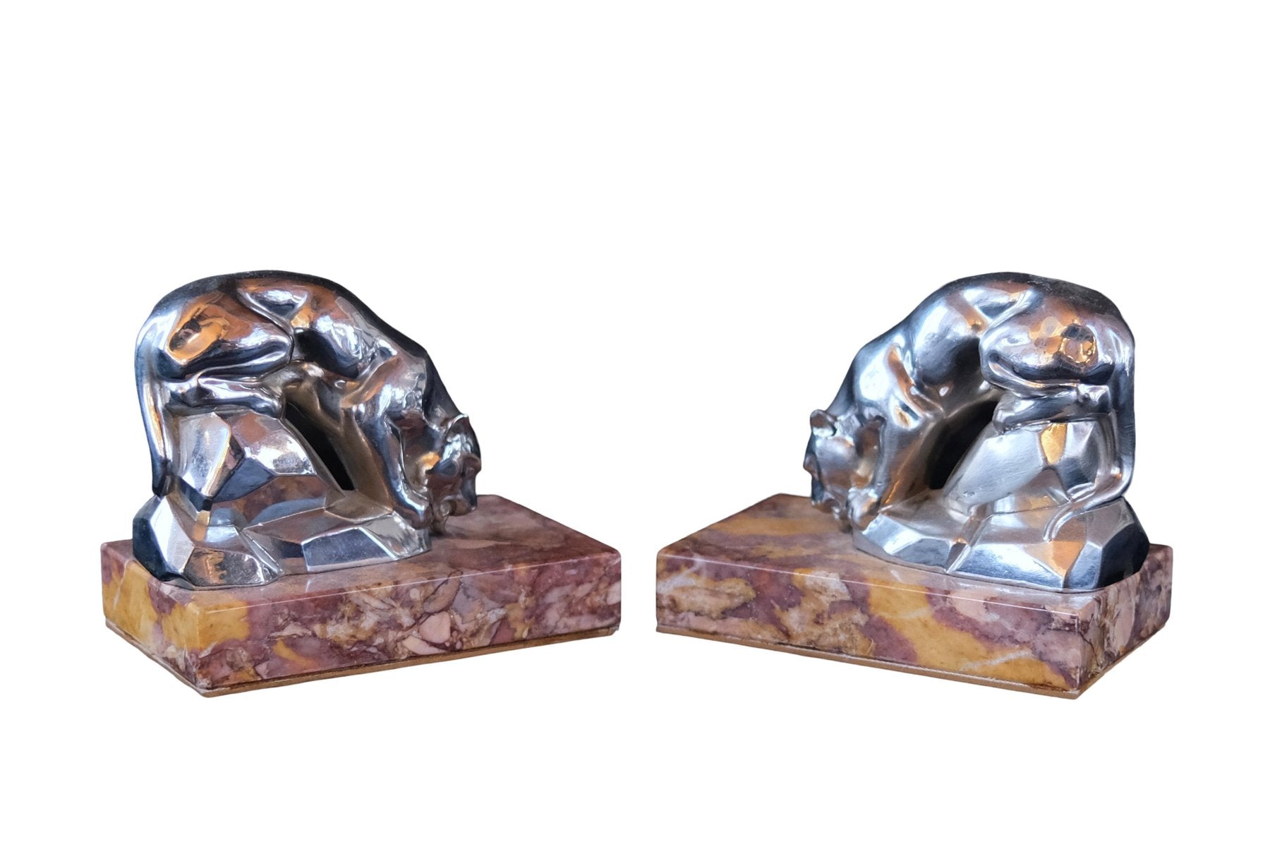 Art Deco Red Marble Polychromed Bookends with Drinking Panthers, France, 1930s, Set of 2