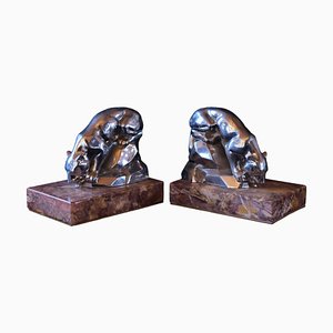 Art Deco Red Marble Polychromed Bookends with Drinking Panthers, France, 1930s, Set of 2-CXC-1368755