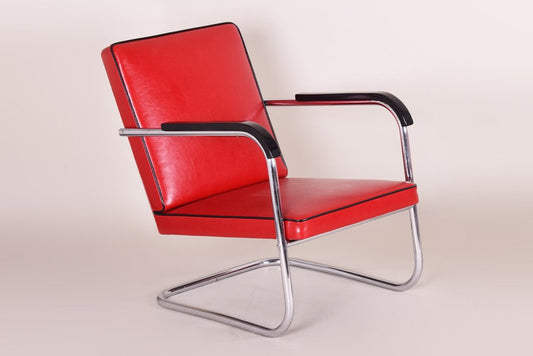 Art Deco Red Tubular Armchair by Anton Lorenz for Thonet, 1930s