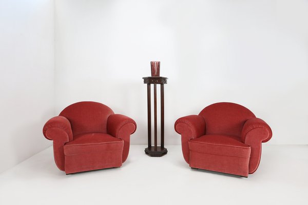 Art Deco Red Upholstery Armchairs, 1930, Set of 3-YSY-1385496