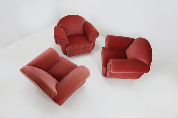 Art Deco Red Upholstery Armchairs, 1930, Set of 3-YSY-1385496