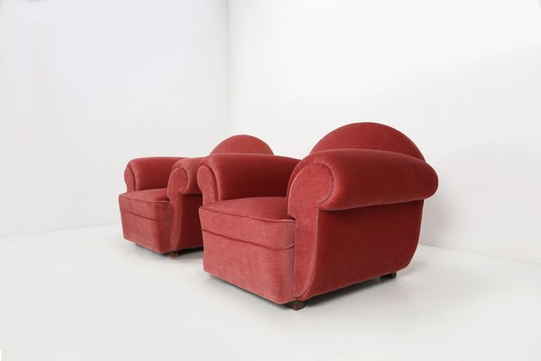 Art Deco Red Upholstery Armchairs, 1930, Set of 3-YSY-1385496