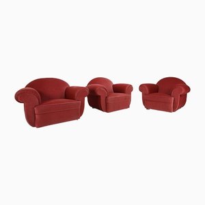 Art Deco Red Upholstery Armchairs, 1930, Set of 3-YSY-1385496