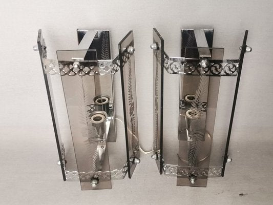 Art Deco Revival Wall Sconces in Smoked Etched Glass and Chromed Metal, 1980s, Set of 2-SCS-1736138