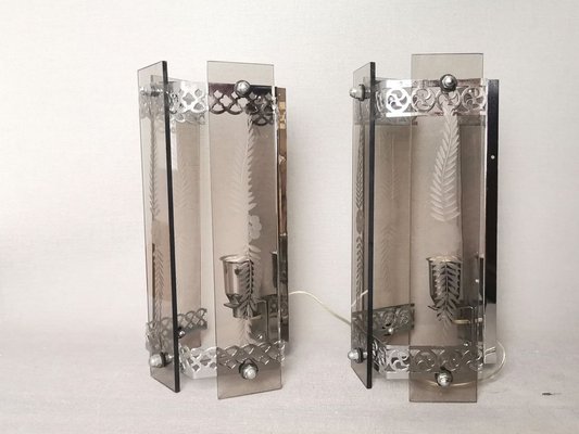 Art Deco Revival Wall Sconces in Smoked Etched Glass and Chromed Metal, 1980s, Set of 2-SCS-1736138