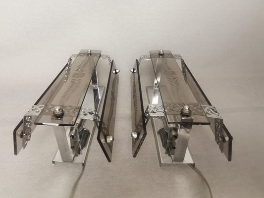 Art Deco Revival Wall Sconces in Smoked Etched Glass and Chromed Metal, 1980s, Set of 2-SCS-1736138