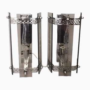 Art Deco Revival Wall Sconces in Smoked Etched Glass and Chromed Metal, 1980s, Set of 2-SCS-1736138