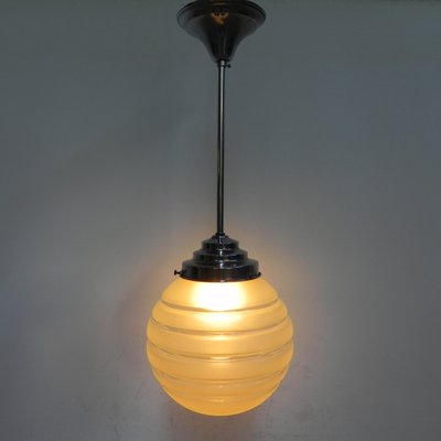 Art Deco Ribbed Glass Globe Ceiling Lamp, 1930s-TL-668484