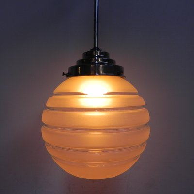 Art Deco Ribbed Glass Globe Ceiling Lamp, 1930s-TL-668484