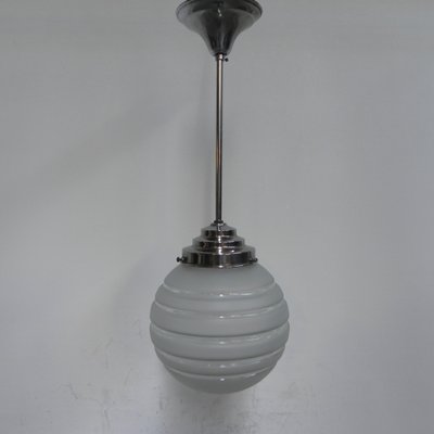 Art Deco Ribbed Glass Globe Ceiling Lamp, 1930s-TL-668484