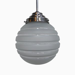 Art Deco Ribbed Glass Globe Ceiling Lamp, 1930s-TL-668484