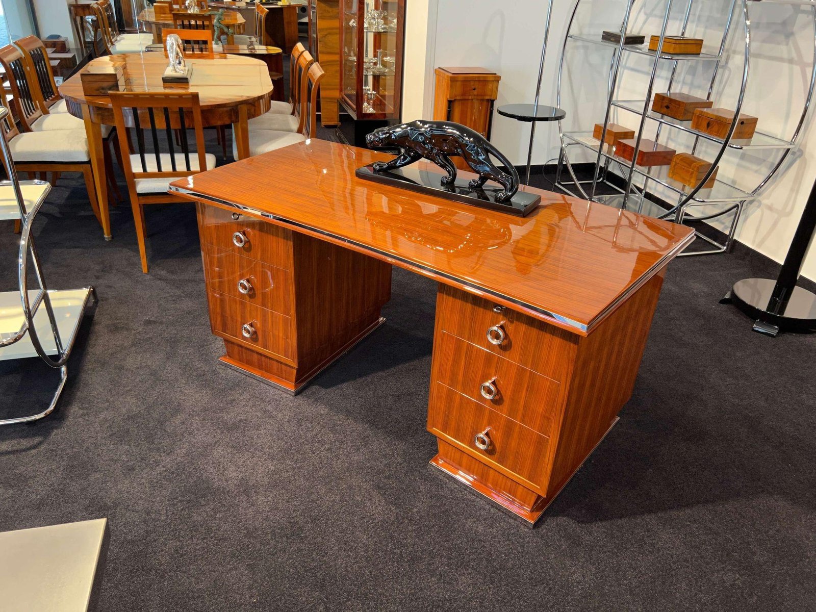 Art Deco Rosewood, Veneer and Nickel Desk, France, 1930s