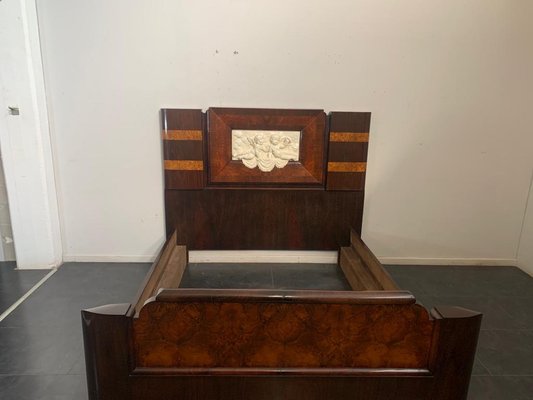 Art Deco Rosewood & Walnut Bed Frame with Carved Headboard by Ducrot, 1922-IJR-868824