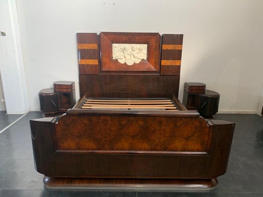 Art Deco Rosewood & Walnut Bed Frame with Carved Headboard by Ducrot, 1922-IJR-868824