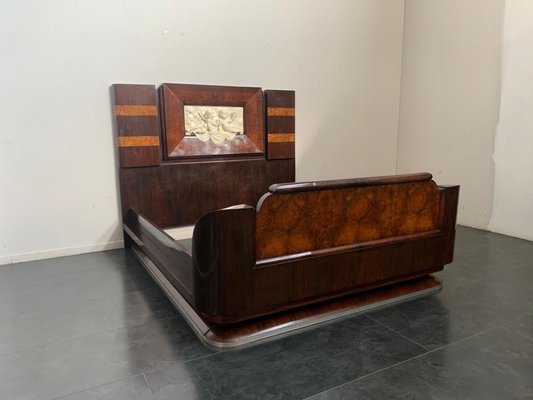 Art Deco Rosewood & Walnut Bed Frame with Carved Headboard by Ducrot, 1922-IJR-868824