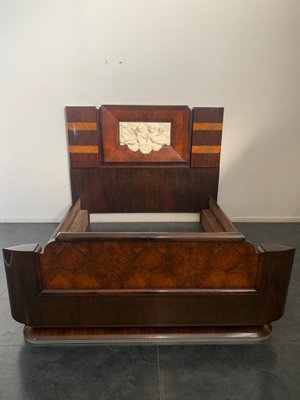 Art Deco Rosewood & Walnut Bed Frame with Carved Headboard by Ducrot, 1922-IJR-868824