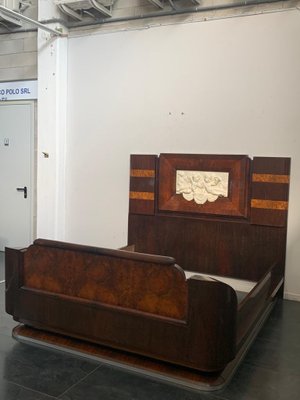 Art Deco Rosewood & Walnut Bed Frame with Carved Headboard by Ducrot, 1922-IJR-868824