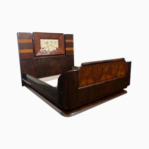 Art Deco Rosewood & Walnut Bed Frame with Carved Headboard by Ducrot, 1922-IJR-868824