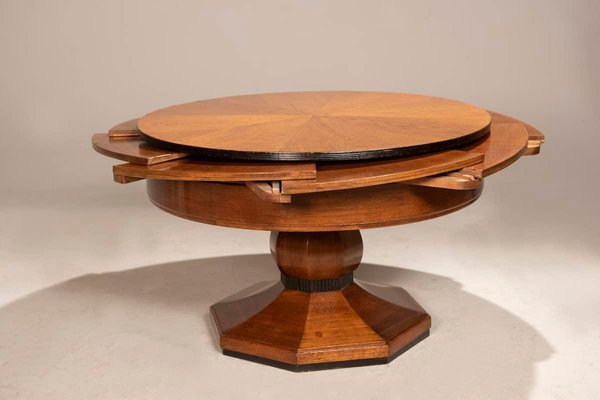 Art Deco Round Oak Dining Table with Black Wood Details, 1940s-XDW-1803356