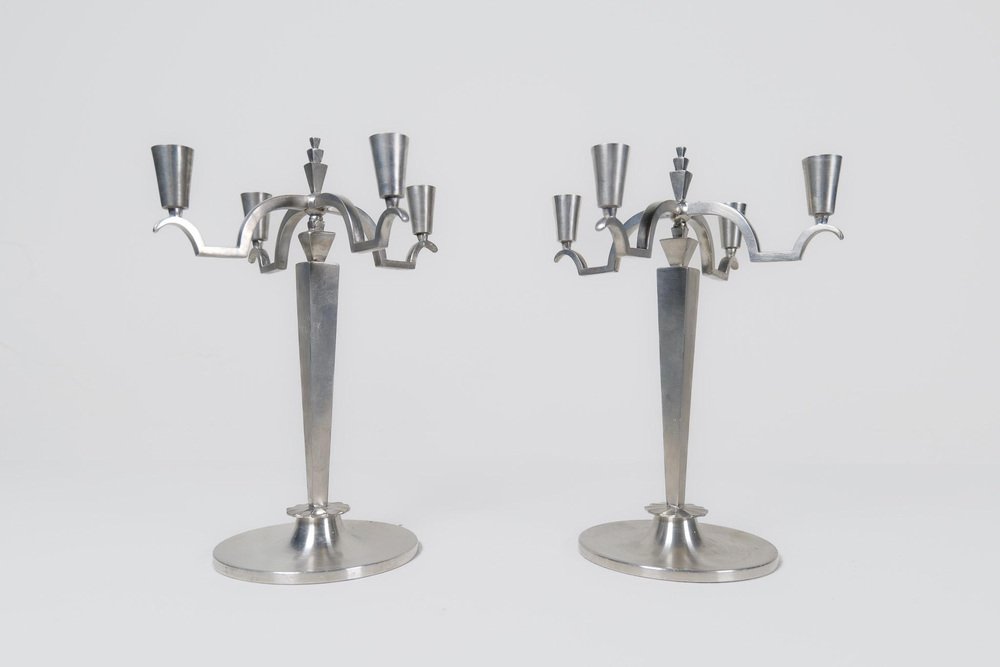 Art Deco Sculptural Candleholders in Pewter, Sweden, 1940s, Set of 2