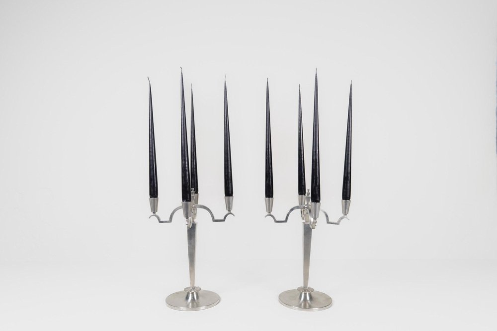 Art Deco Sculptural Candleholders in Pewter, Sweden, 1940s, Set of 2