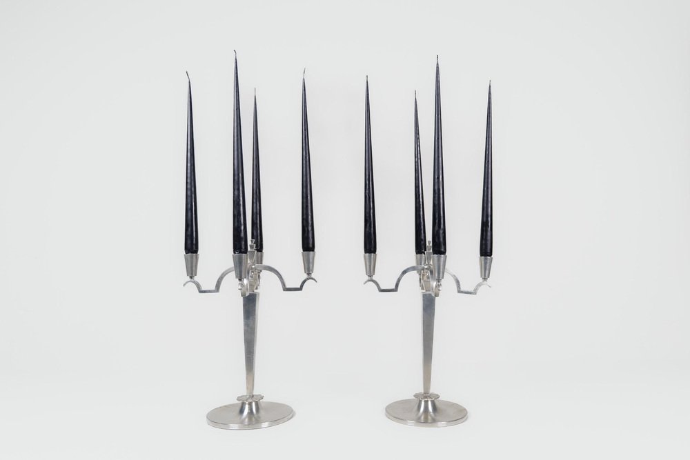 Art Deco Sculptural Candleholders in Pewter, Sweden, 1940s, Set of 2