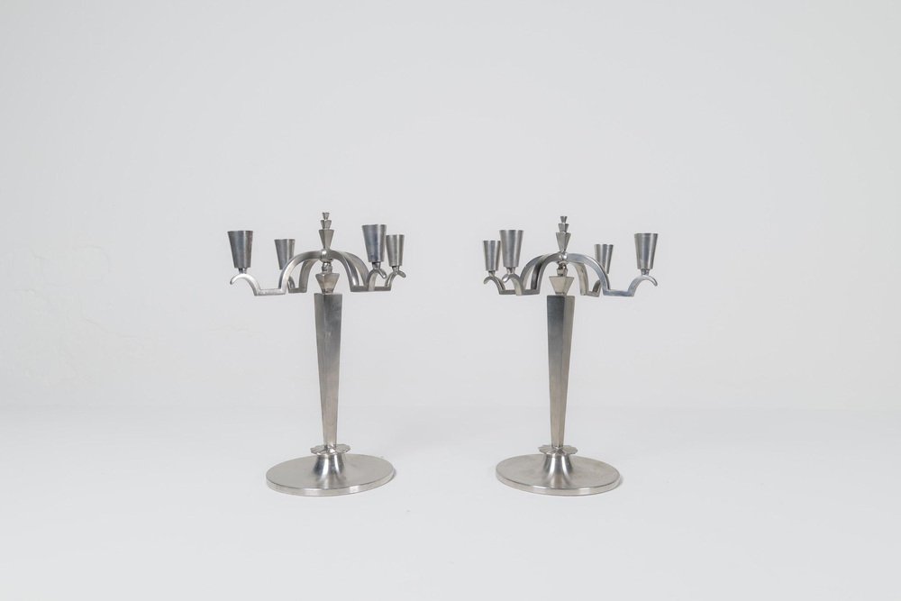 Art Deco Sculptural Candleholders in Pewter, Sweden, 1940s, Set of 2