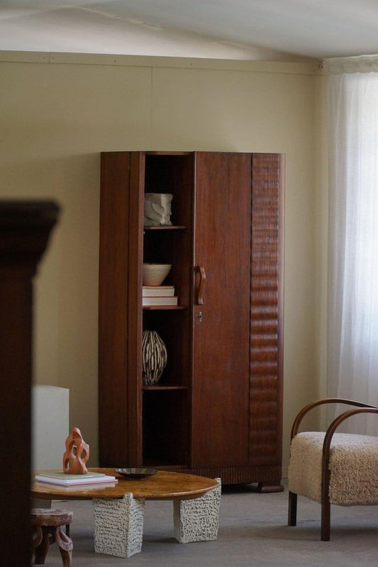 Art Deco Sculptural Narrow Oak Cabinet, 1940s