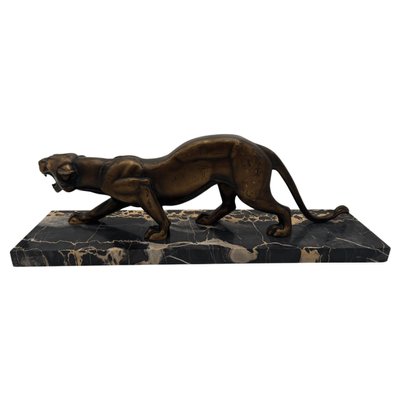 Art Deco Sculpture of a Panther in Bronze & Marble by Irénée Rochard, France, 1930s-NNB-1277070