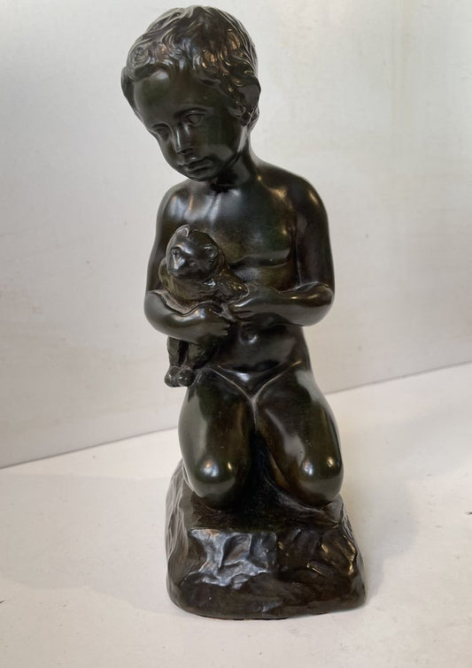 Art Deco Sculpture of Boy with Teddy Bear by Just Andersen & E. Borch, 1940s