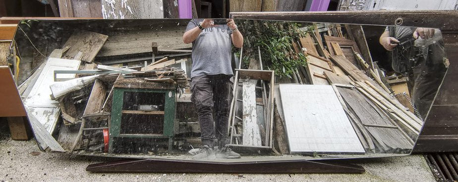 Art Deco Shaped Mirror with Black Wooden Base, 1940s-RAQ-1800776