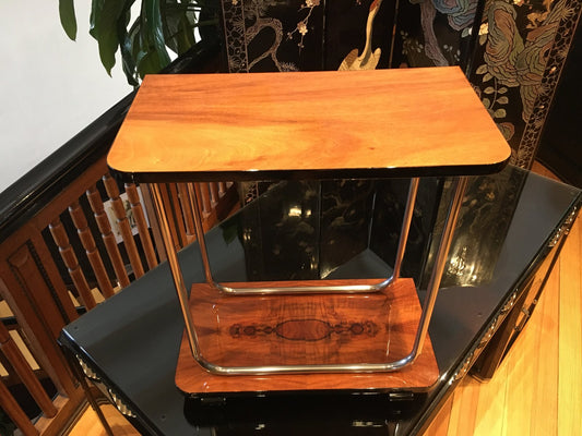 Art Deco Side Table in Walnut & Chrome-Plated Tubular Steel