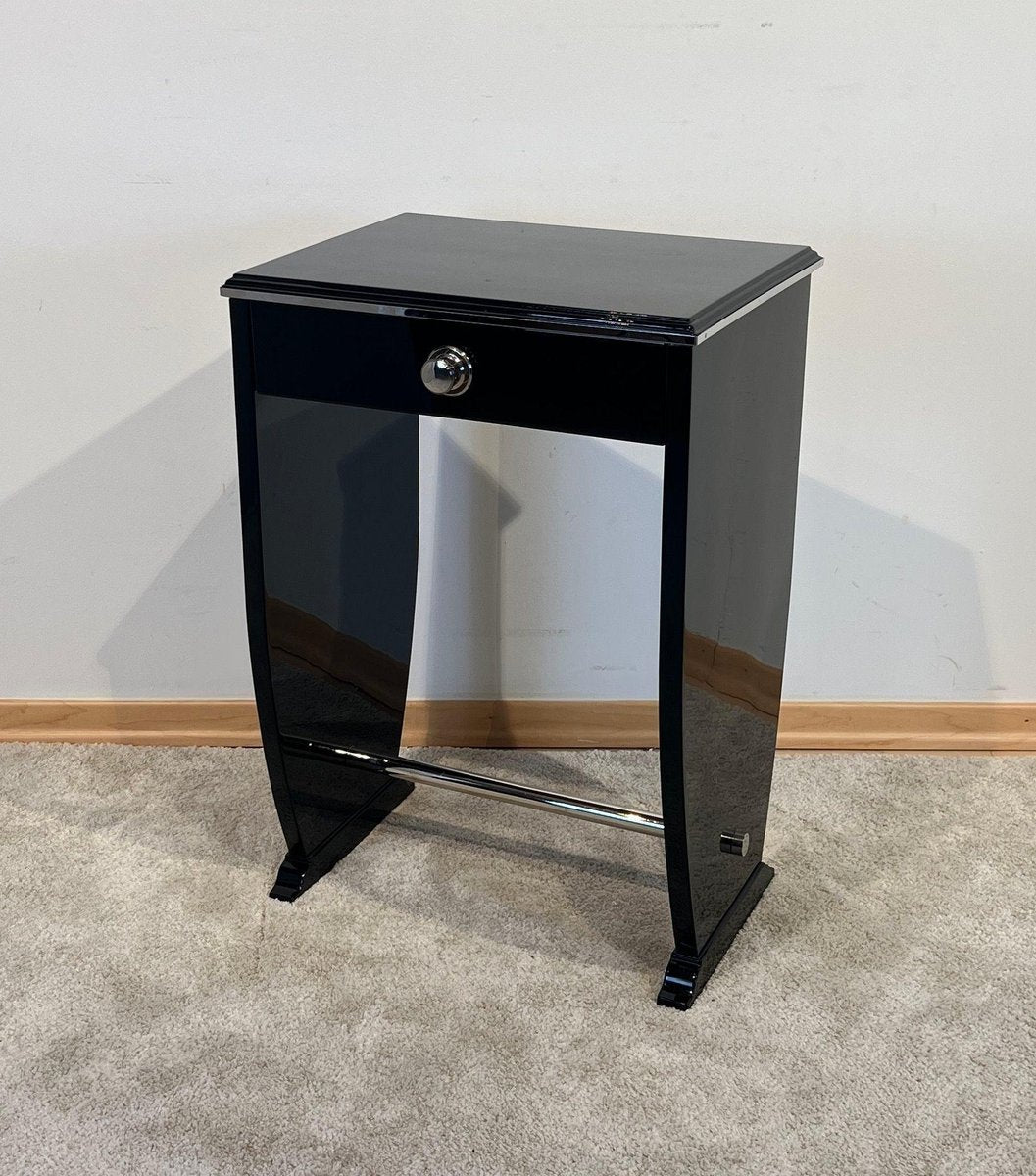 Art Deco Side Table with Drawer, Black Lacquer and Chrome, France, 1930s