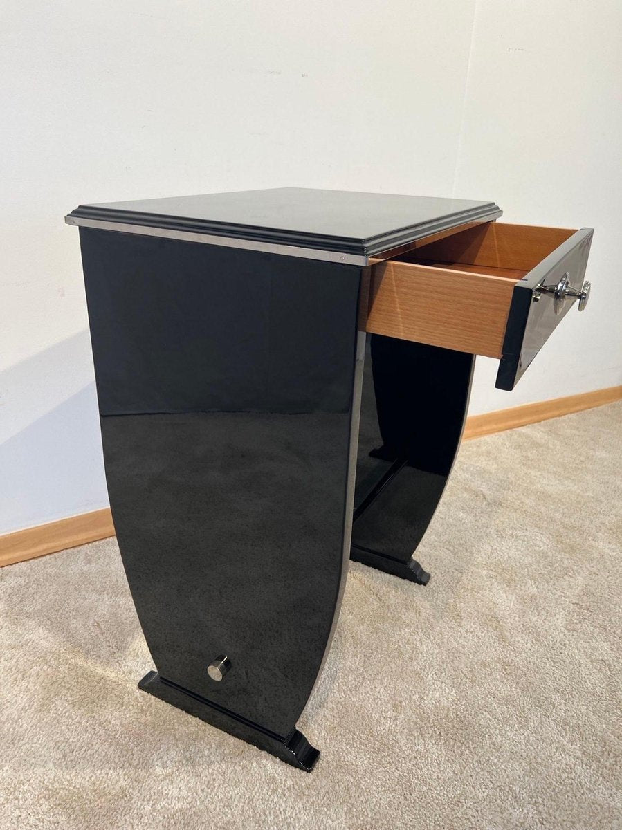 Art Deco Side Table with Drawer, Black Lacquer and Chrome, France, 1930s