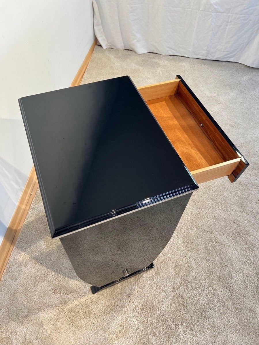 Art Deco Side Table with Drawer, Black Lacquer and Chrome, France, 1930s