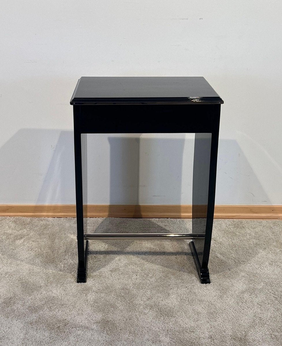 Art Deco Side Table with Drawer, Black Lacquer and Chrome, France, 1930s