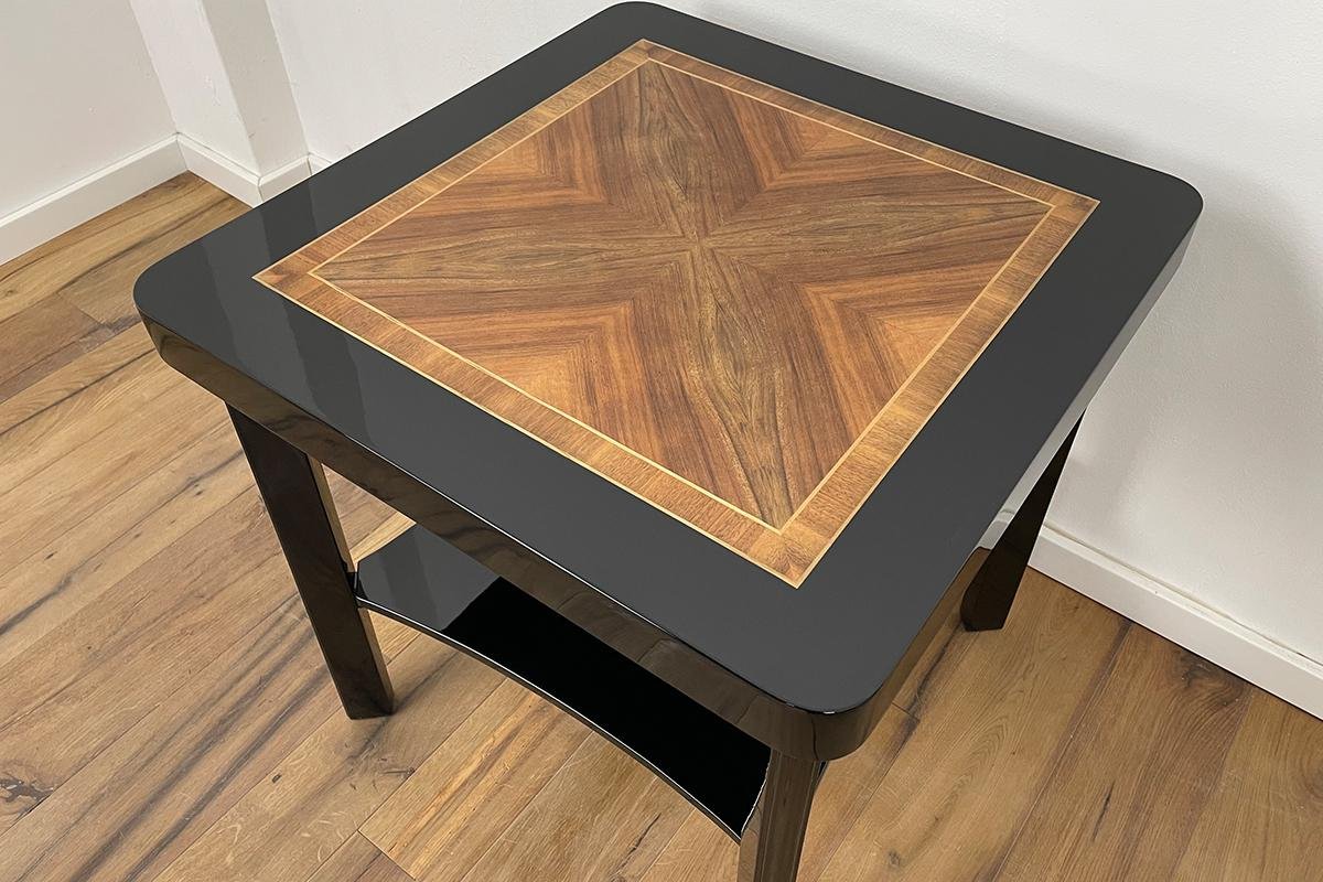 Art Deco Side Table with Walnut and Black Piano Lacquer