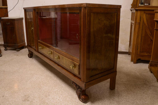 Art Deco Sideboard in Walnut Briar with Sliding Glass, Italy, 1940s