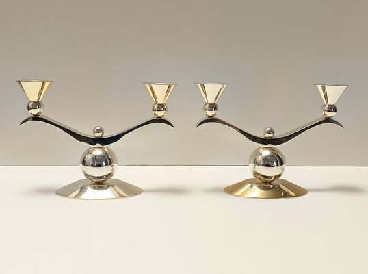 Art Deco Silver and Gold Metal Candleholders, Italy, 1980s, Set of 2-JPQ-2023662