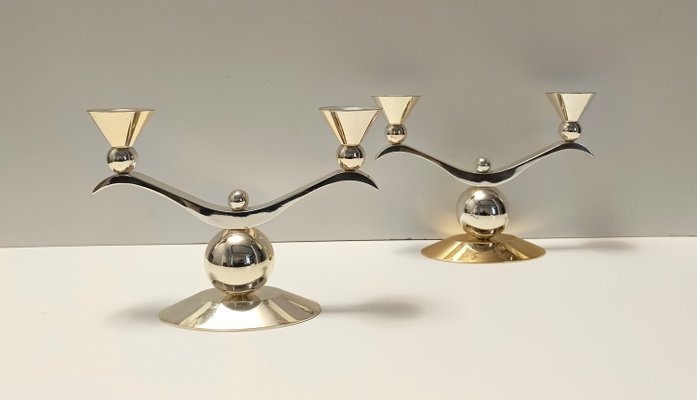 Art Deco Silver and Gold Metal Candleholders, Italy, 1980s, Set of 2-JPQ-2023662